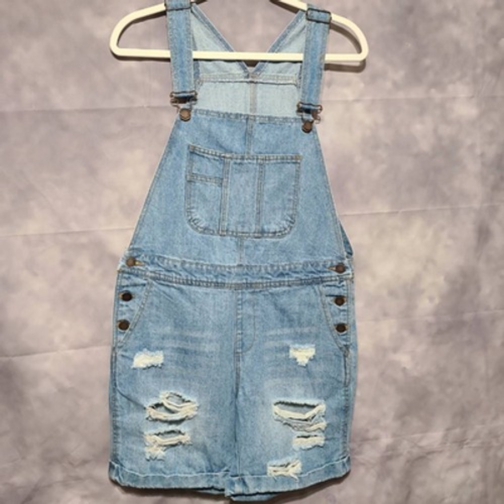 Life In Progress Denim Overalls Distressed Ripped Jean Shortalls Romper‎ S